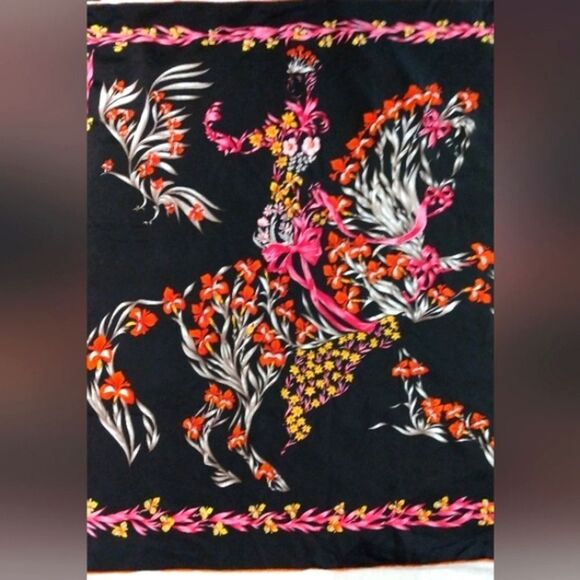 Vintage Floral Black & Pink Silk Scarf Horse Flowers Cheval Fleuri Foulard - Picture 5 of 16